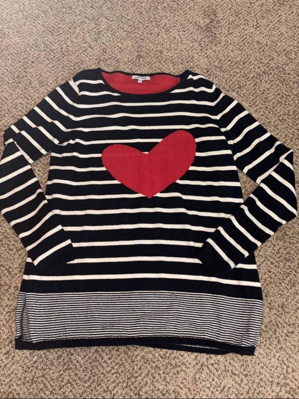 Lisa Todd Black & White Striped Sweater with Red Heart Medium